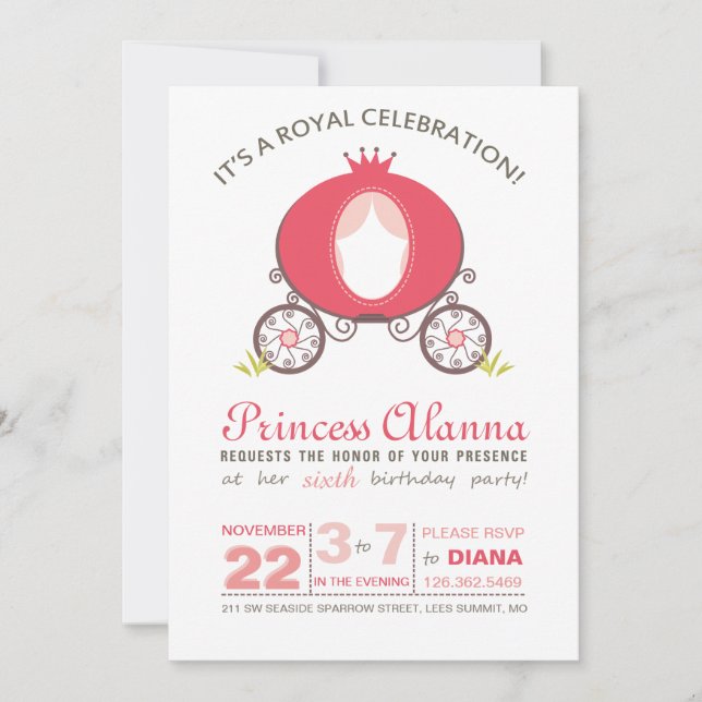 Modern Shock rosa Princess Carriage Invitation Inbjudningar (Framsida)