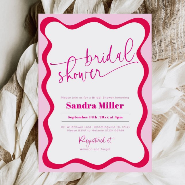 Modern Shock rosa Vågigt färgfull Möhippa i Gräns Inbjudningar (Hot pink wavy border bridal shower invitation)