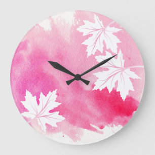Modern shock rosa vattenfärg stänk och maple löv stor klocka
