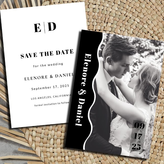Modern sidvåg, svart och vitt foto Bröllop Spara Datumet (Modern Side Wave Black and White Photo Wedding Save The Date)