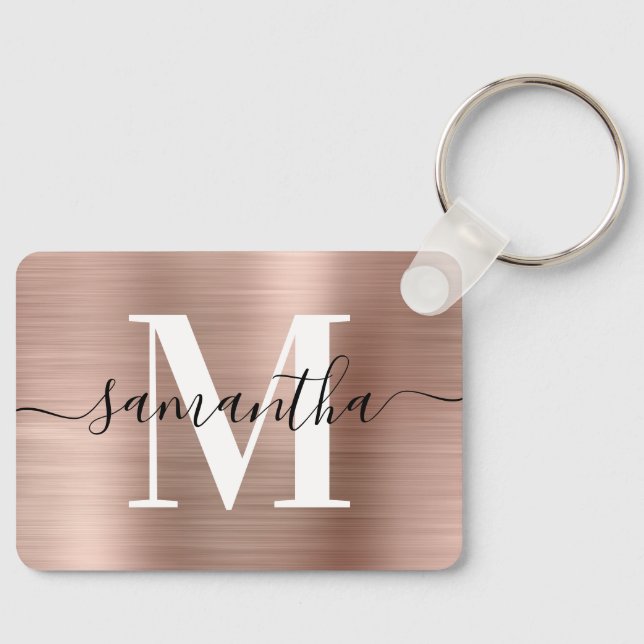 Modern Signatur Monogram Roséguld Folie Rektangel Nyckelring (Framsida)