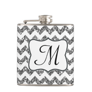 Modern Silv Glitter Chevron Monogram Whiskey-kolv Fickplunta