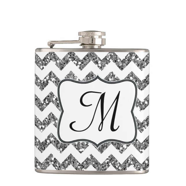 Modern Silv Glitter Chevron Monogram Whiskey-kolv Fickplunta (Framsidan)