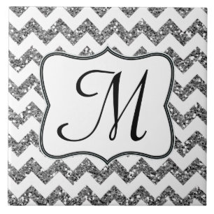 Modern Silve Glitter Chevron Monogram Visning Tile Kakelplatta