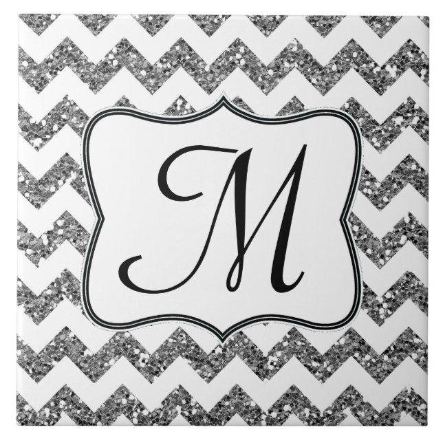 Modern Silve Glitter Chevron Monogram Visning Tile Kakelplatta (Framsidan)