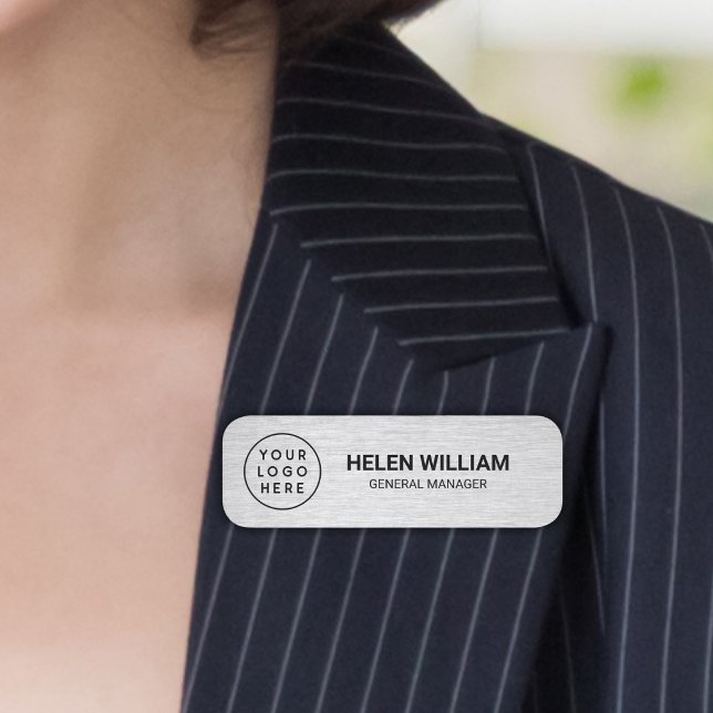 Modern Silver Anpassningsbar Business Logotyp och Namnbricka (Modern Silver Custom Business Logo and Name Tag)