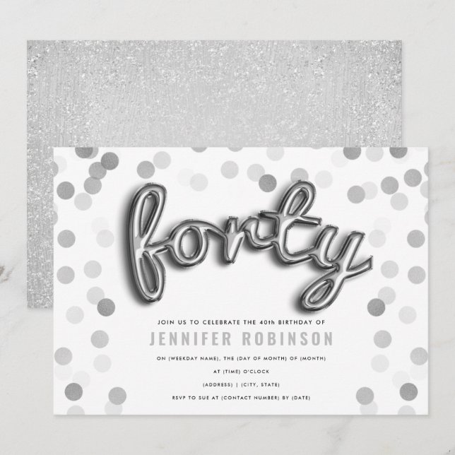 Modern Silver-ballonger Glitter 40:e födelsedagen Inbjudningar (Fram/baksida)