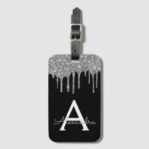 Modern Silver Black Glitter Gnistra Monogram Bagagebricka