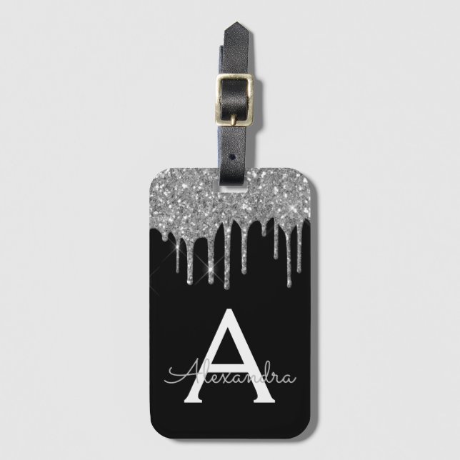 Modern Silver Black Glitter Gnistra Monogram Bagagebricka (Framsida vertikal)