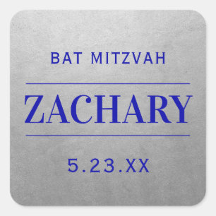 Modern Silver & Blue Mitzvah Birthday Namn favor Fyrkantigt Klistermärke