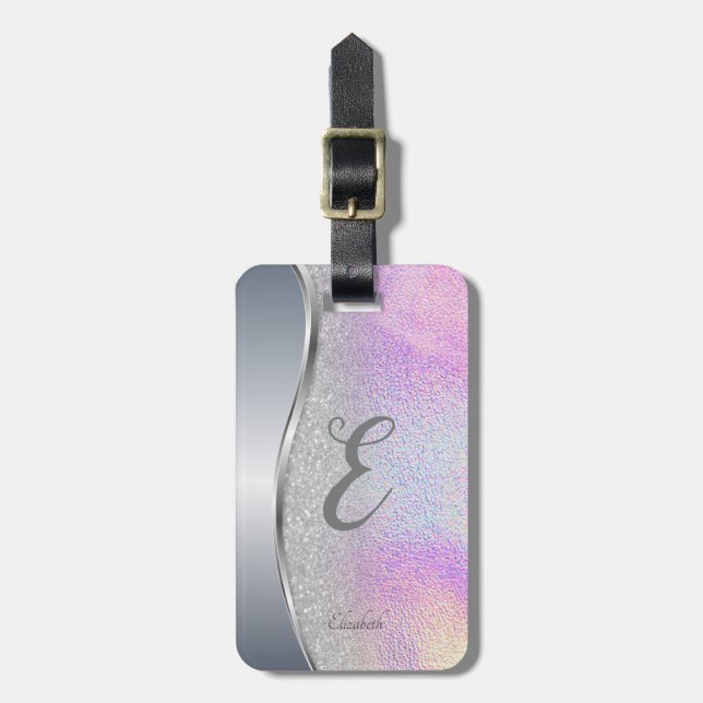 Modern Silver Bokeh, Holografisk, Monogram Bagagebricka (Vertikal Framsida)