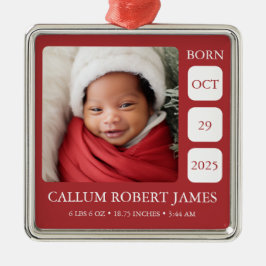 Modern Silver Border Red Baby Birth Stats Ornament