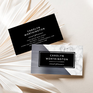 Modern Silver Borstad Folie Vit Marmor Svart Visitkort