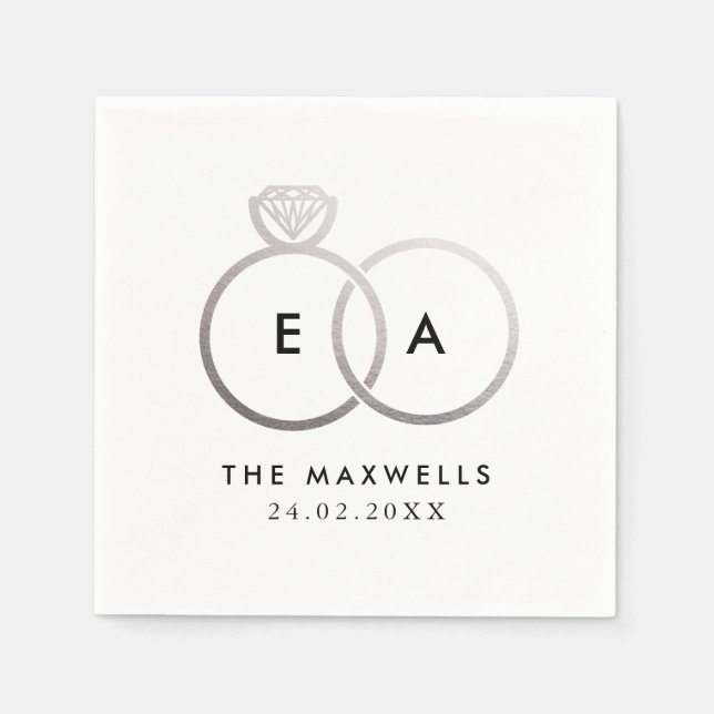 Modern Silver Bröllop Ringar Cocktail Napkin Pappersservett (Framsidan)