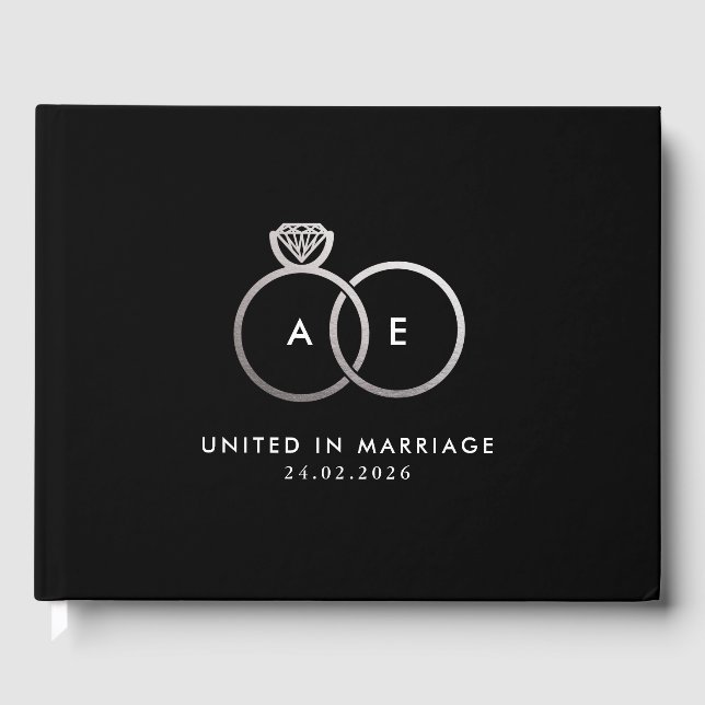 Modern Silver Bröllop Ringar-monogrambok Gästböcker (Framsida)