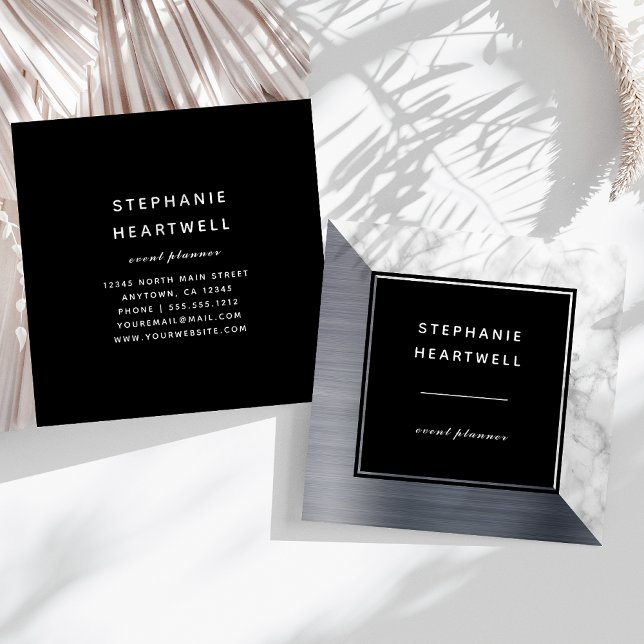 Modern Silver Brushed Foil White Marble Black Fyrkantigt Visitkort (Skapare uppladdad)