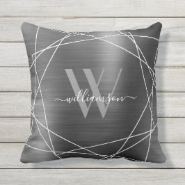 Modern Silver Brushed Metall Monogram Namn-skript Kudde