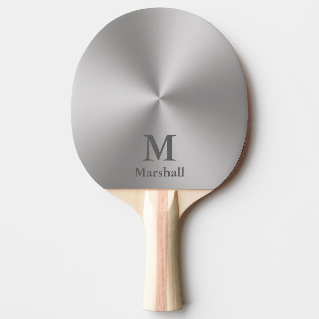 Modern Silver Brushed Metall Se Namn och Monogram Pingisracket (Framsidan)