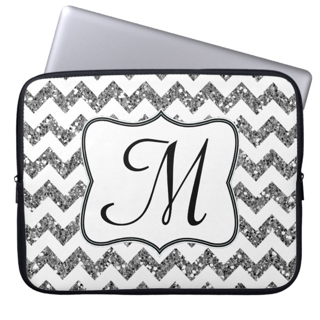 Modern Silver Chevron Monogram 15-tums bärbar dato Laptop Sleeve (Framsidan)