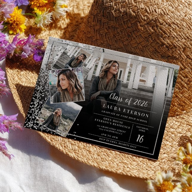 Modern silver-chic, minimalistisk foto studenten inbjudningar (Modern silver chic minimalist photo graduation invitation)