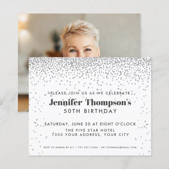 Modern Silver Confetti Glitter 50:e födelsedagsfot (Fram/baksida)