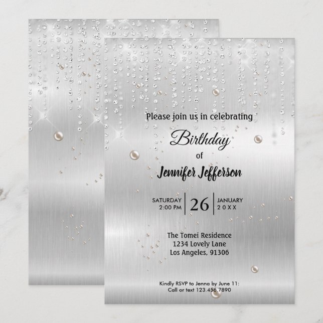 Modern silver-födelsedagsinbjudan inbjudningar (Fram/baksida)