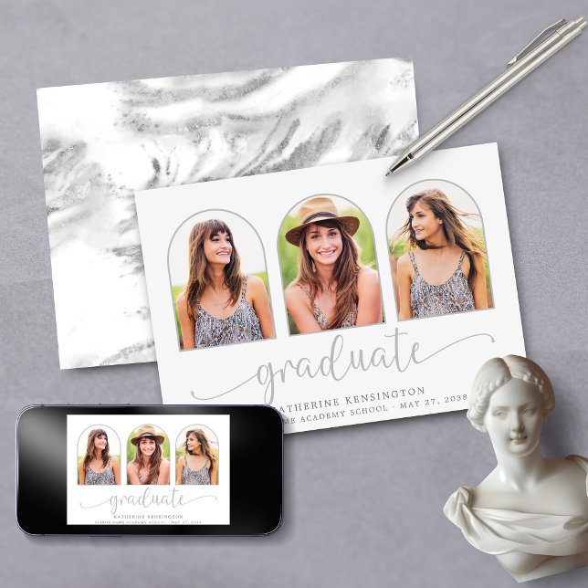 Modern Silver Foil Marble Arch 3 Photo Studenten Inbjudningar (Modern Silver Foil Marble Arch 3 Photo Graduation Invitation with Digital Download Option)