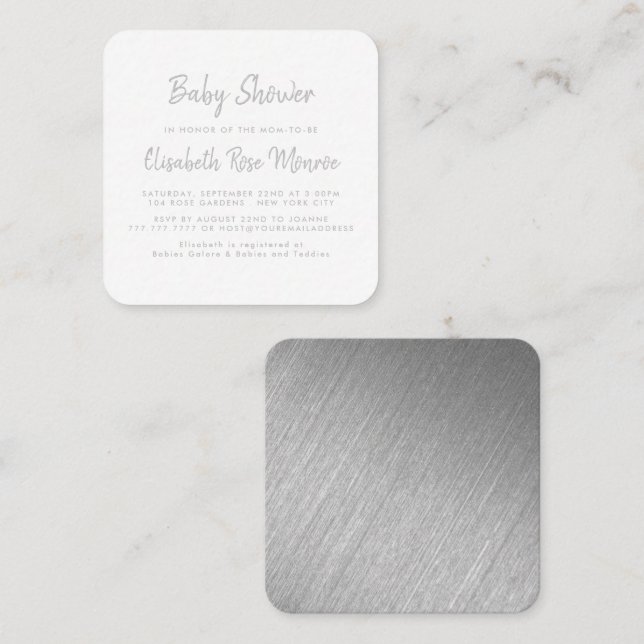 Modern Silver Foil & Script Baby Shower Biljett (Fram/baksida)