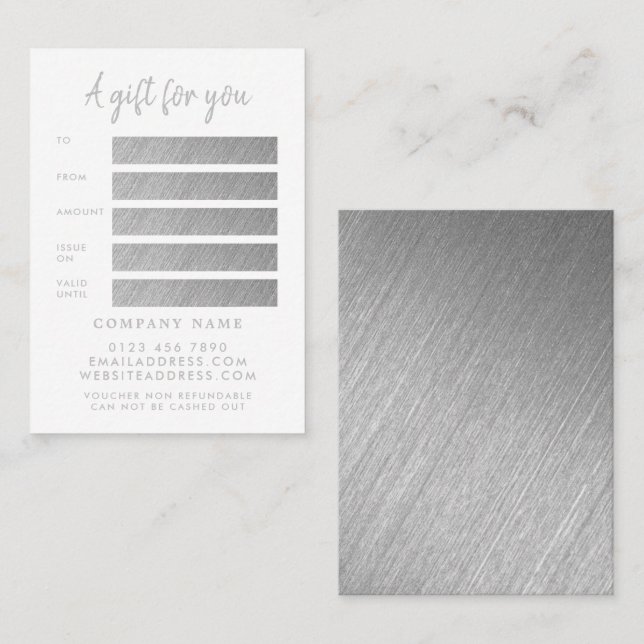 Modern Silver Foil Script Gift-certifikatkort Visitkort (Fram/baksida)