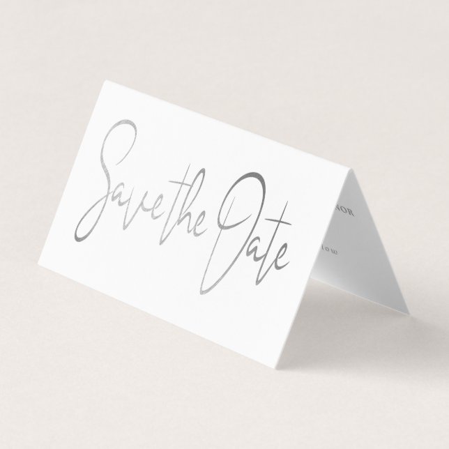 Modern Silver Foil Script Photo Save Date Card Visitkort (Framsida)