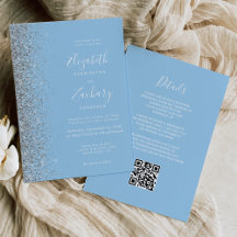 Modern Silver Glitter Baby Blue QR-kod Bröllop