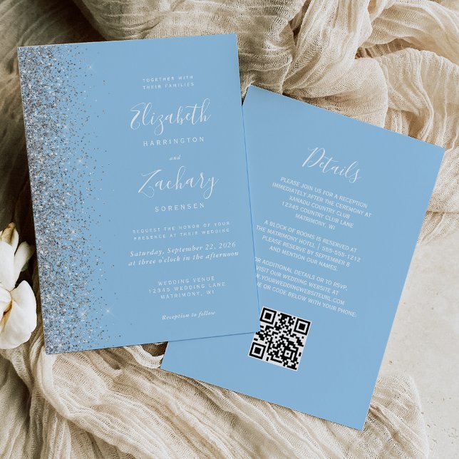 Modern Silver Glitter Baby Blue QR-kod Bröllop Inbjudningar (Skapare uppladdad)