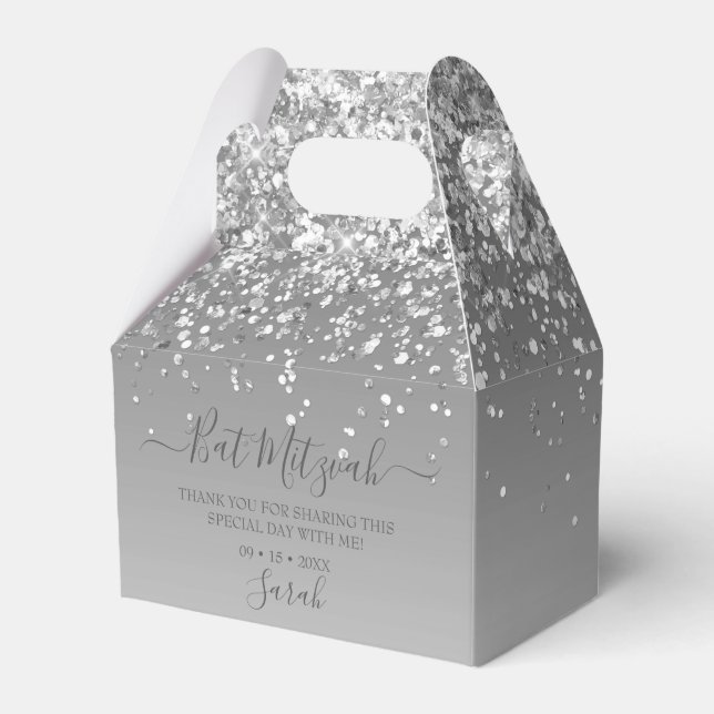 Modern Silver Glitter Bat Mitzvah Presentaskar (Framsidan Sidan)