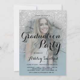 Modern silver glitter-blåfoto studenten inbjudningar