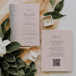 Modern Silver Glitter Blush Rosa QR-kod Bröllop Inbjudningar