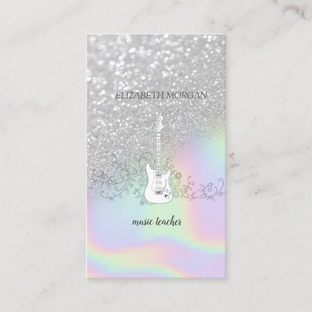 Modern Silver Glitter Bokeh, Gitarr,Holografisk Visitkort (Framsida)