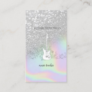 Modern Silver Glitter Bokeh, Guitar, Holografi Visitkort