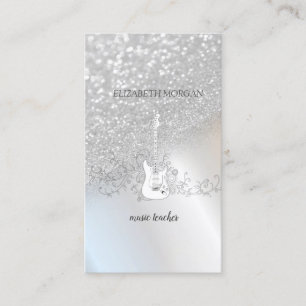 Modern Silver Glitter Bokeh, Guitar Visitkort