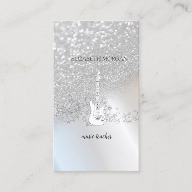 Modern Silver Glitter Bokeh, Guitar Visitkort (Framsida)