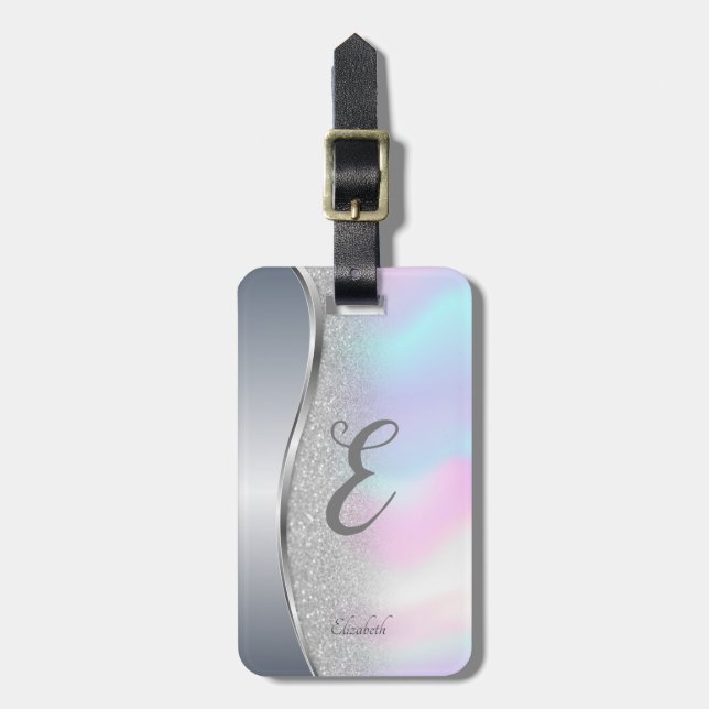Modern Silver Glitter Bokeh, Holografisk, Monogram Bagagebricka (Vertikal Framsida)