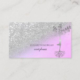 Modern Silver Glitter Bokeh Träd Kvinnor Silhuett Visitkort