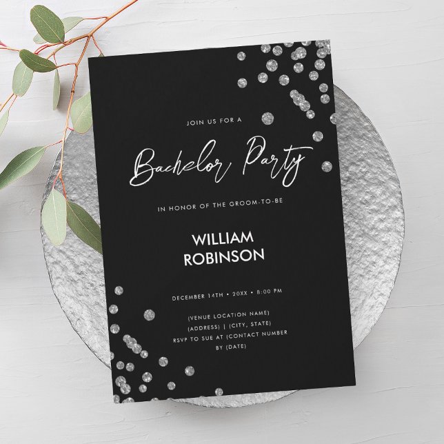 Modern Silver Glitter Confetti Bachelor Party Inbjudningar (Modern Silver Glitter Confetti Bachelor Party Invitation)