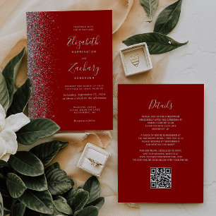 Modern Silver Glitter Crimson Red QR Code Bröllop Inbjudningar