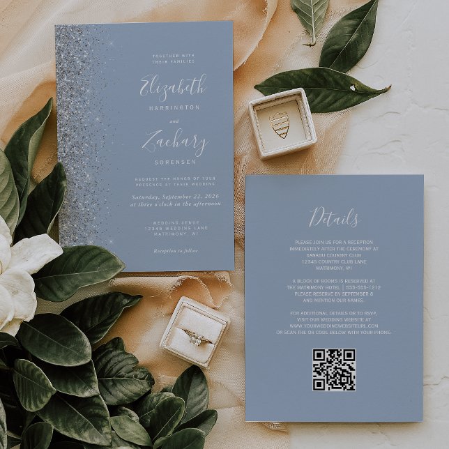 Modern Silver Glitter Damblå QR-kod Bröllop Inbjudningar (Skapare uppladdad)