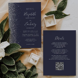 Modern Silver Glitter Dark Blue QR-kod Bröllop Inbjudningar