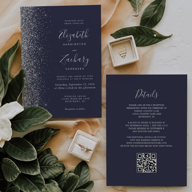 Modern Silver Glitter Dark Blue QR-kod Bröllop Inbjudningar (Skapare uppladdad)