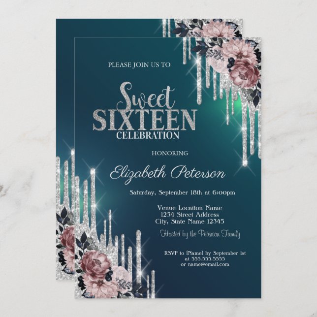 Modern Silver Glitter Drips Flowers Sweet 16 Inbjudningar (Fram/baksida)
