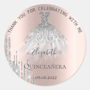 Modern Silver Glitter Drips Klänning Quinceañera Runt Klistermärke