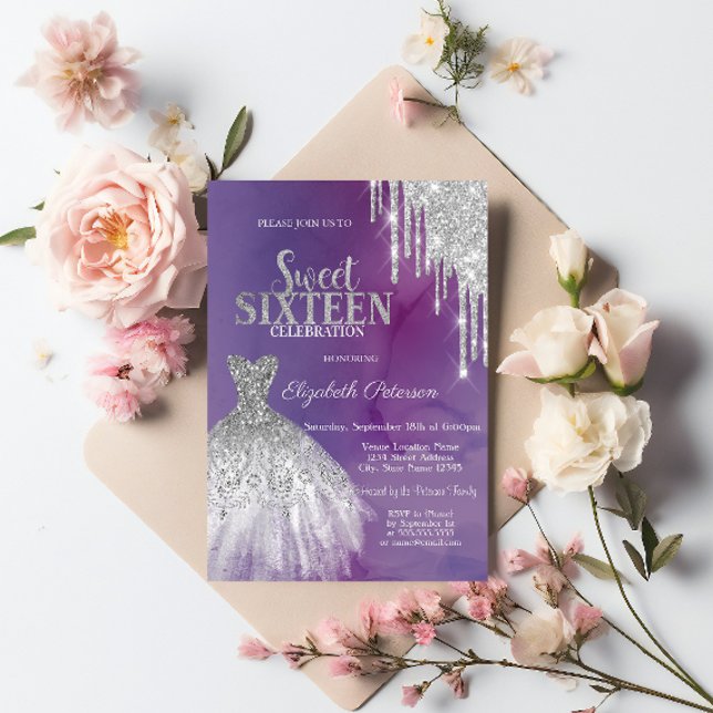 Modern Silver Glitter Drips, Klänning Violett Swee Inbjudningar (Skapare uppladdad)