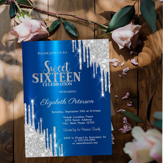 Modern Silver Glitter Drips Metallisk Blå Sweet 16 Inbjudningar (Skapare uppladdad)
